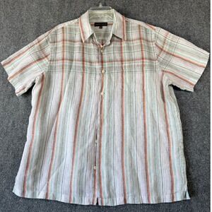 Tricots St Raphael Mens XL‎ Linen Button Up Shirt Striped Plaid Short Sleeve